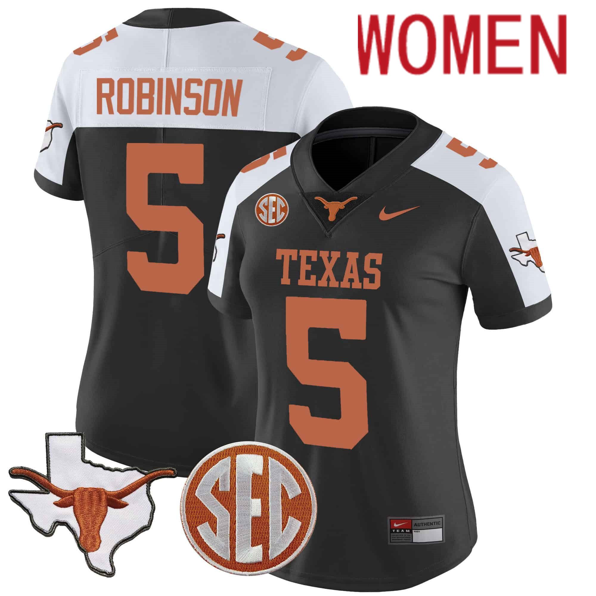 Women Texas Longhorns #5 Robinson Black 2024 Nike State Map & SEC Patch Vapor NCAA Jersey